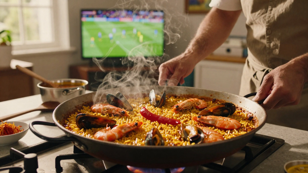 Paella de marisco a cozinhar num tacho largo com uma televisão a transmitir um jogo de futebol ao fundo.