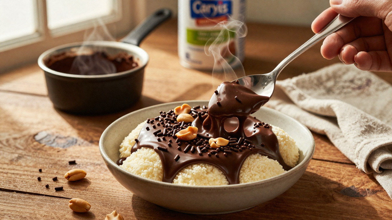 Tigela com doce de leite coberto por chocolate quente, granulados de chocolate e amendoins numa mesa de madeira.