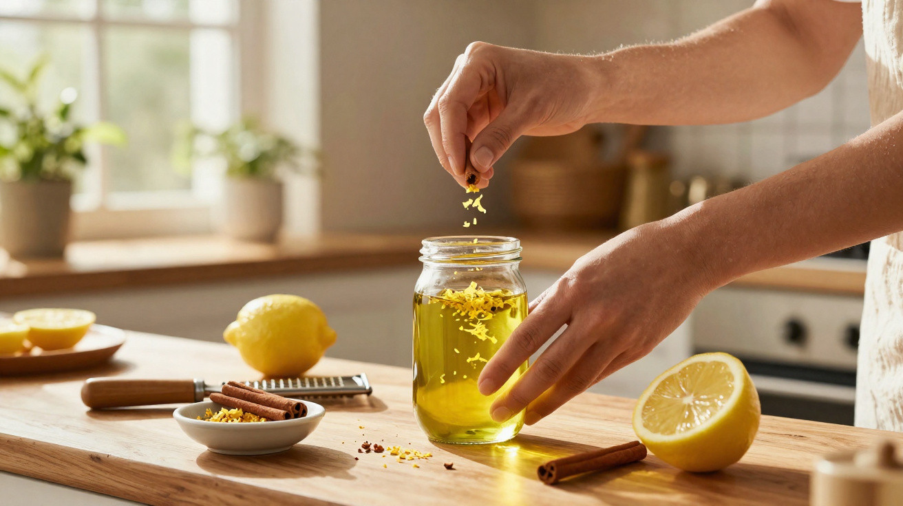 Mãos a adicionar flores amarelas a um frasco com óleo, com limões e paus de canela numa cozinha iluminada.