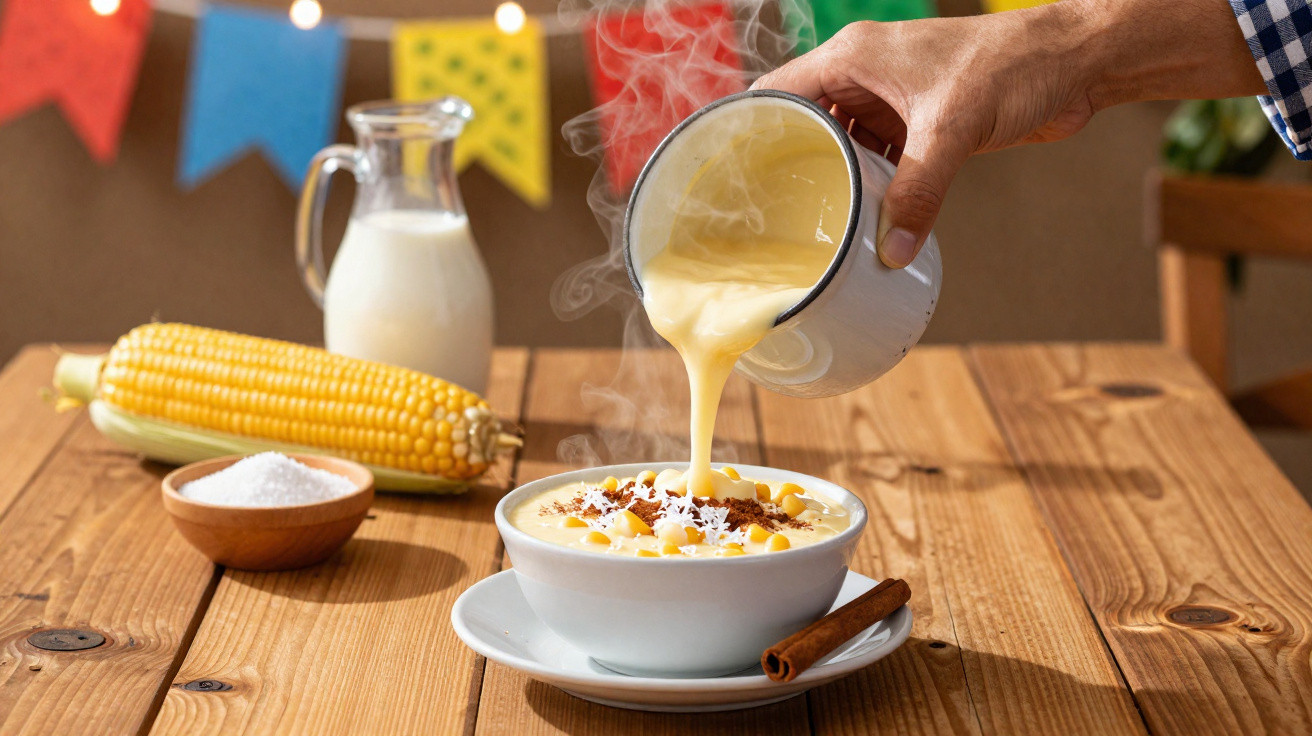 Pessoa a verter canjica quente numa tigela com canela, açúcar, leite e milho em espiga numa mesa de madeira.