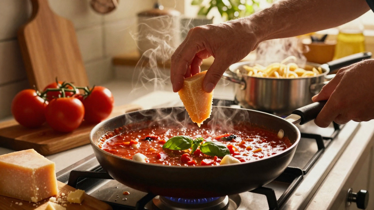 Mãos a ralar queijo sobre uma frigideira com molho de tomate e manjericão a cozinhar no fogão.