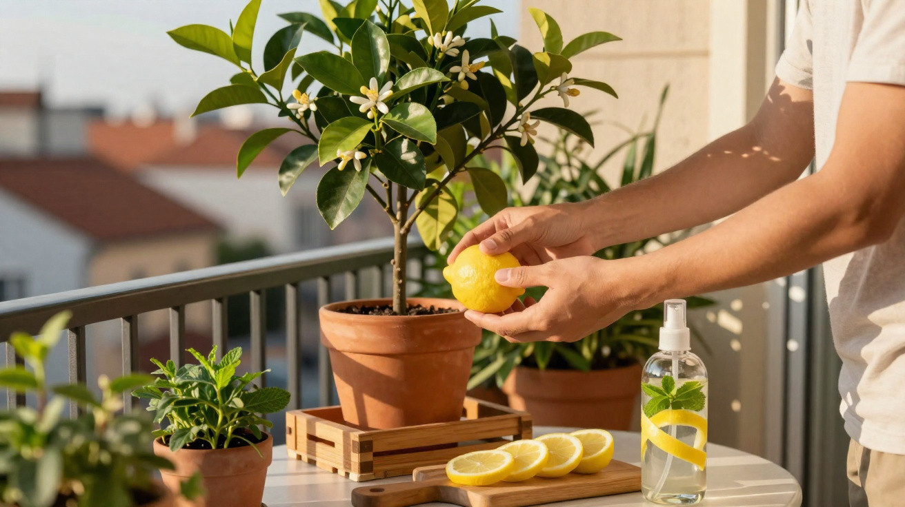 Pessoa segura limão junto a plantas em vasos num terraço com fatias de limão numa tábua e bebida aromatizada.