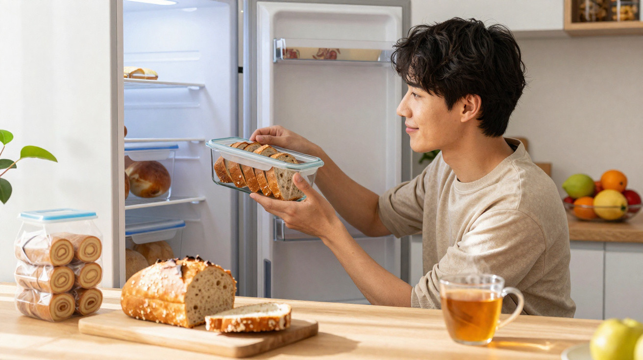 Homem arruma pão em recipiente dentro do frigorífico numa cozinha com frutas e chá na mesa.