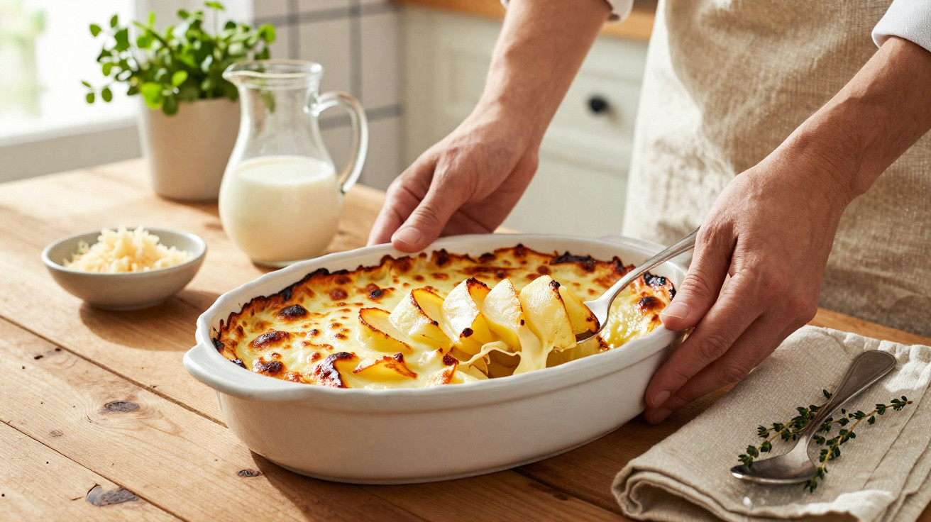 Pessoa a servir batatas gratinadas numa travessa branca sobre mesa de madeira.
