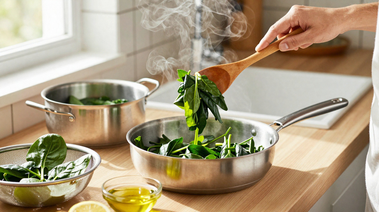 Mão a cozinhar espinafres numa frigideira fumegante numa cozinha luminosa com ingredientes frescos.