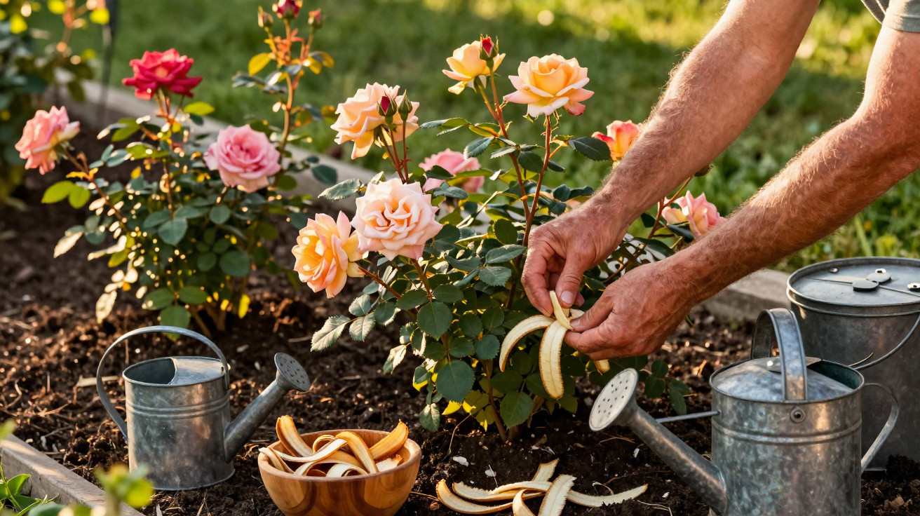 Mãos a colocar cascas de banana junto a roseiras coloridas num jardim com regadores metálicos.
