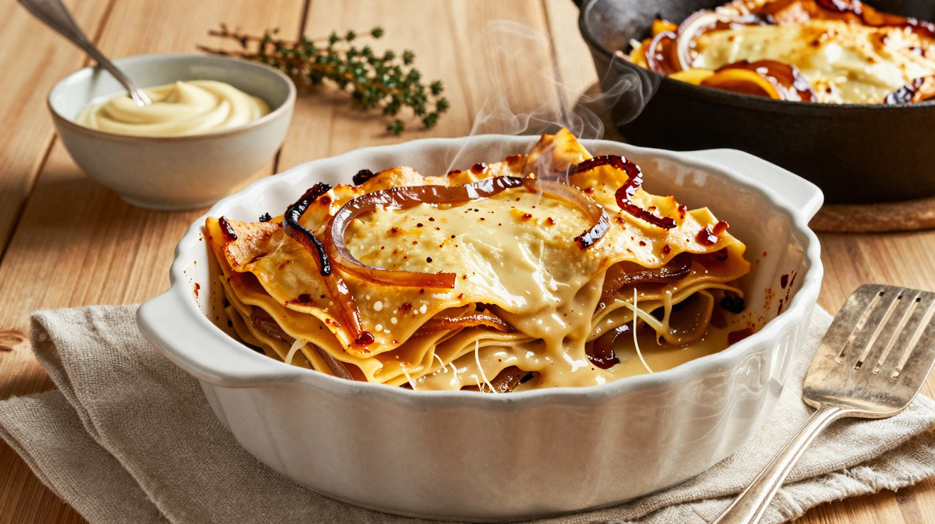 Taça branca com lasanha fumegante gratinada com queijo e cebola caramelizada, acompanhada de molho cremoso.