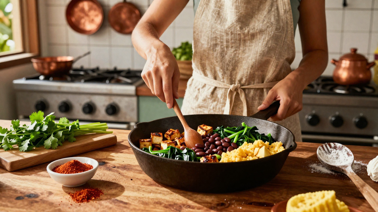Pessoa a cozinhar legumes, feijão e tofu numa frigideira numa cozinha rústica.