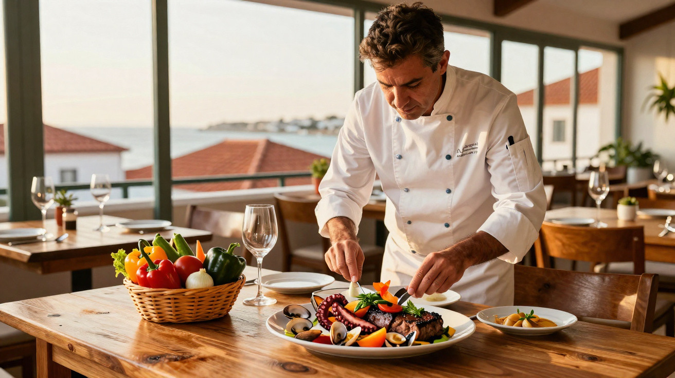 Chef a empratar polvo com marisco e legumes num restaurante com vista para o mar.