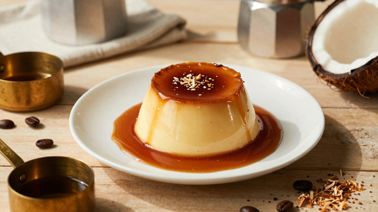 Pudim de caramelo servido num prato branco, decorado com coco ralado e grãos de café numa mesa de madeira.