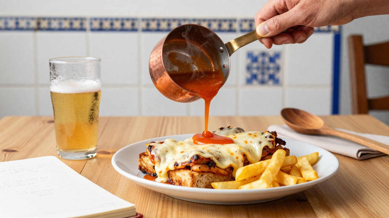 Mão a deitar molho vermelho sobre prato com tosta mista e batatas fritas, ao lado copo de cerveja e caderno aberto.