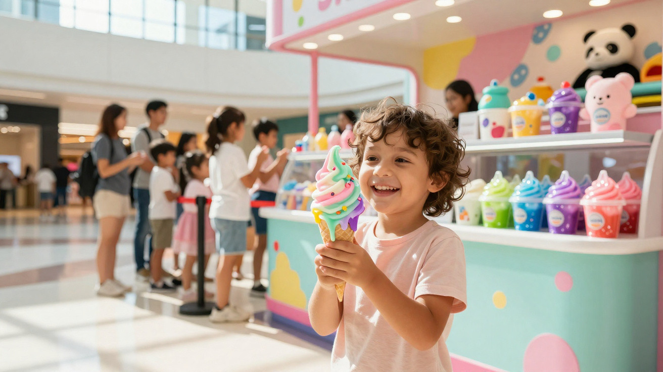 Criança sorridente a segurar gelado colorido numa loja com outras crianças enfileiradas ao fundo.