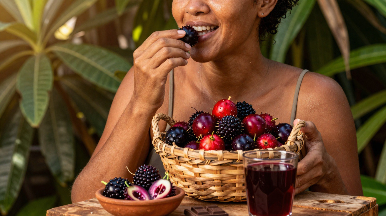 Pessoa a comer fruta fresca de uma cesta com sumo e frutos cortados numa mesa de madeira.