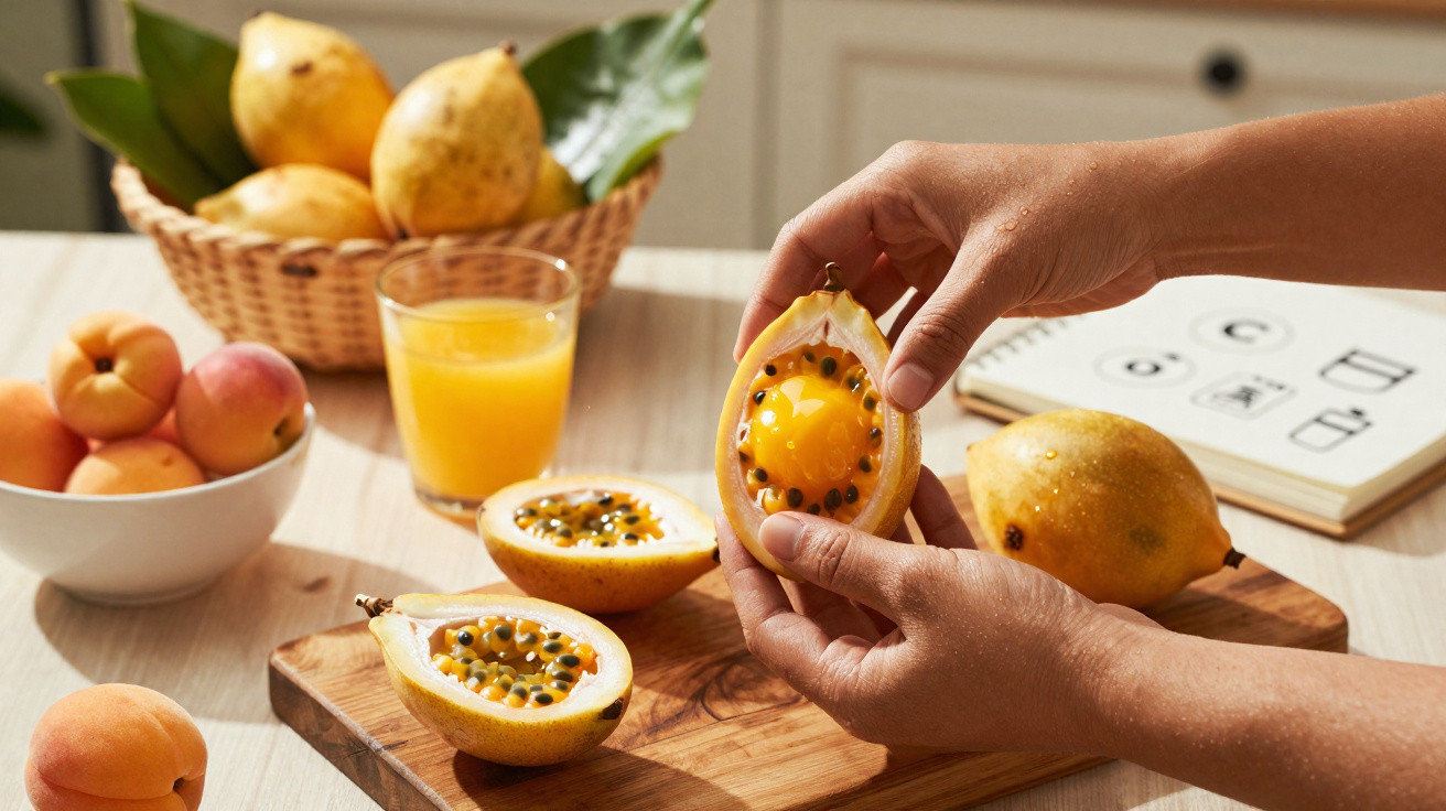 Mãos a partir maracujá amarelo ao meio numa cozinha com frutas, sumo e livro sobre mesa de madeira clara.