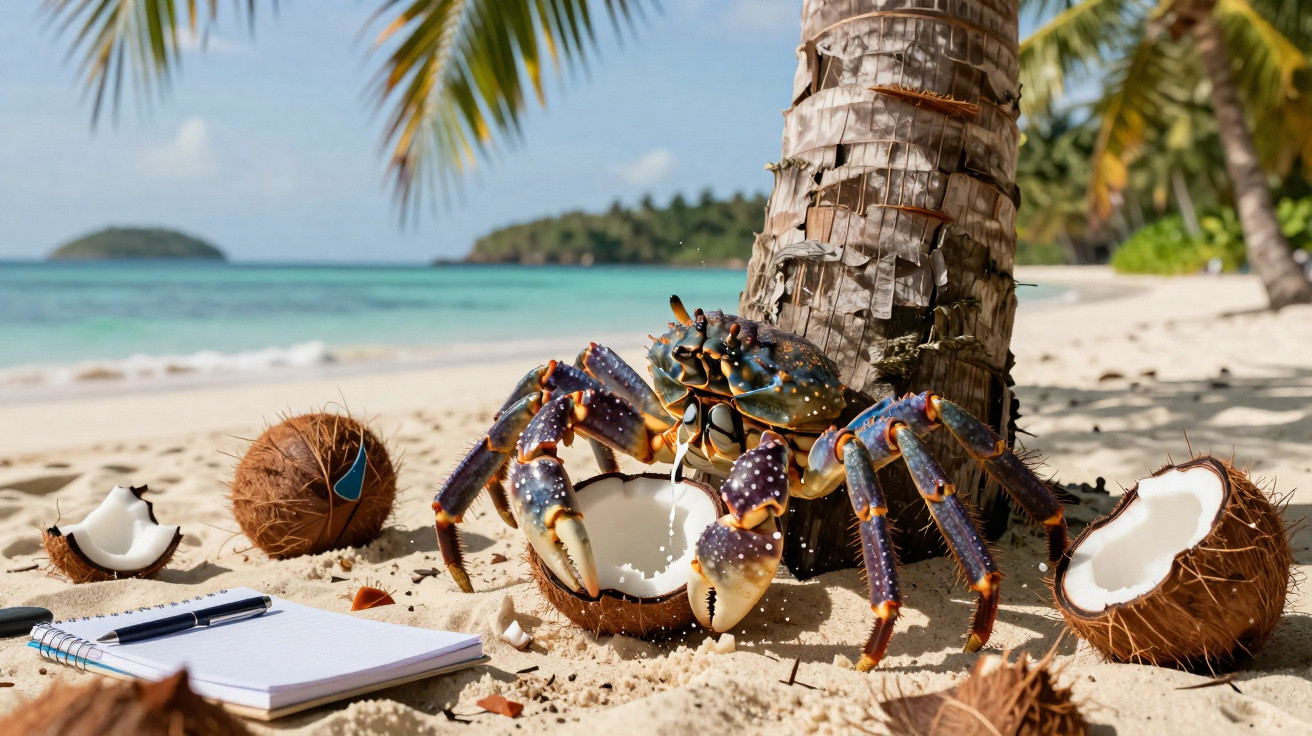 Caranguejo azul grande a partir cocos partidos numa praia tropical ao lado de uma palmeira.