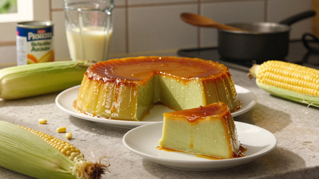 Pudim de milho com caramelo servido em prato branco, com espigas de milho e ingredientes ao fundo.