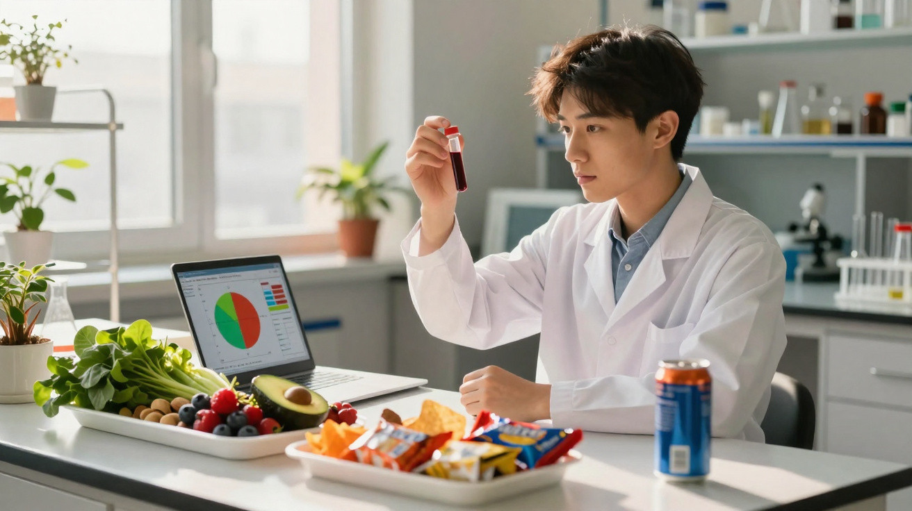 Cientista em laboratório analisa amostra de sangue com alimentos saudáveis e snacks na mesa ao lado.