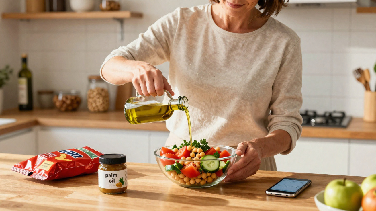 Mulher a temperar salada com azeite numa cozinha moderna, com ingredientes e telemóvel na bancada.