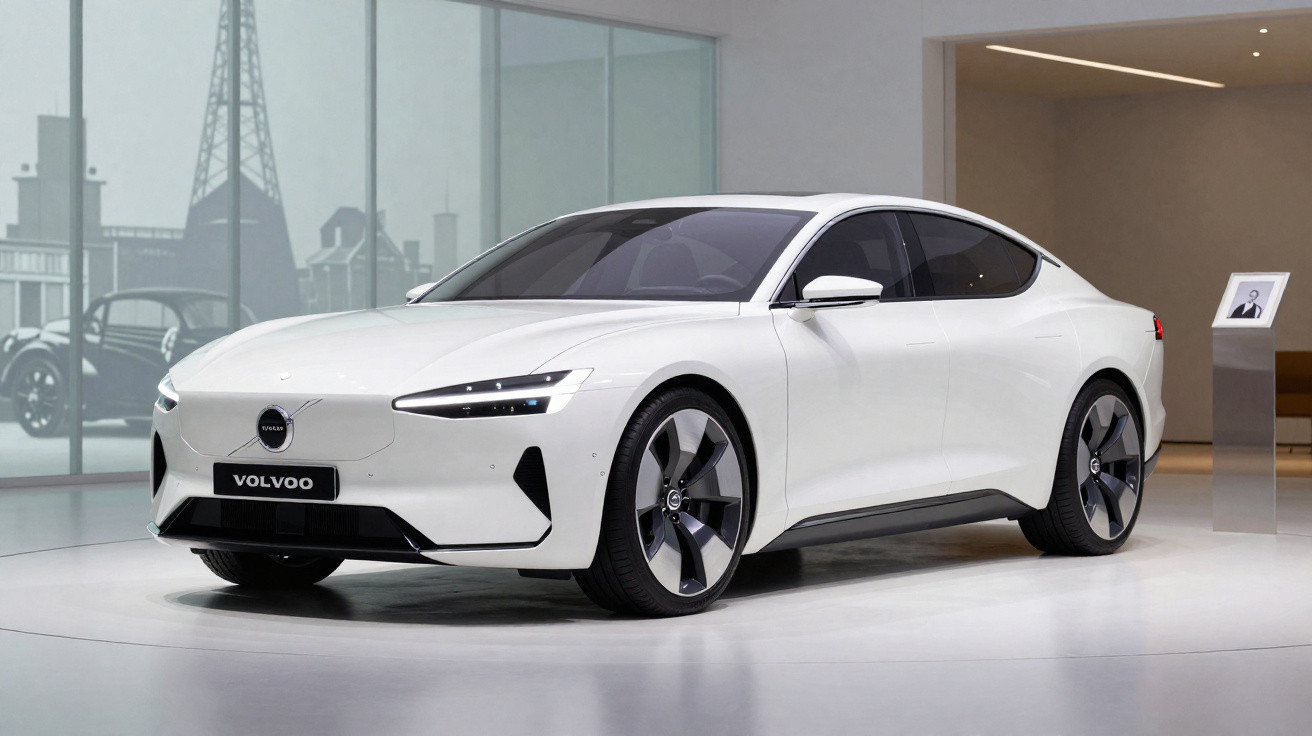 Carro elétrico desportivo branco Volvo numa exposição moderna com janelas grandes e iluminação branca.