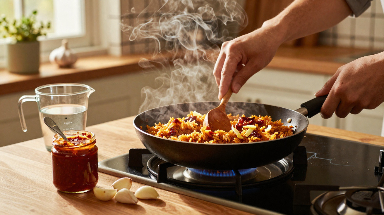 Pessoa a cozinhar arroz de tomate numa frigideira numa cozinha moderna, com vapor a sair na superfície.