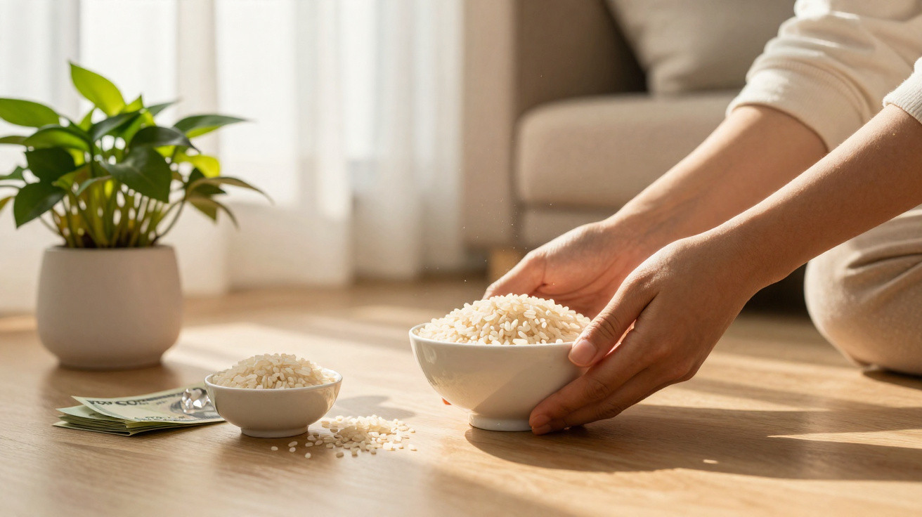 Mãos a colocar taça com arroz no chão de madeira, junto a planta e maço de dinheiro num ambiente iluminado.