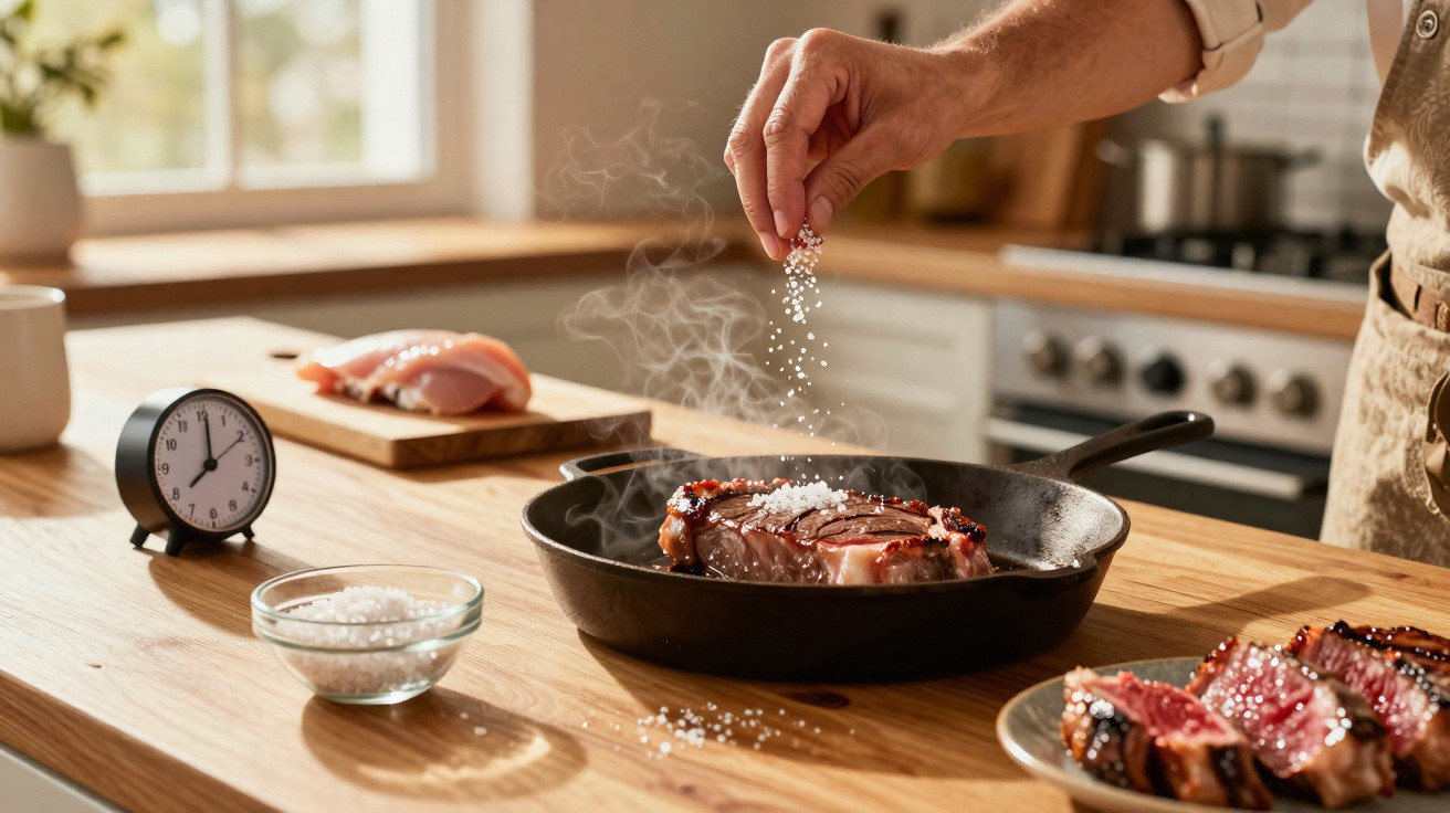 Mão a polvilhar sal grosso numa bife a cozinhar numa frigideira numa cozinha moderna com luz natural.