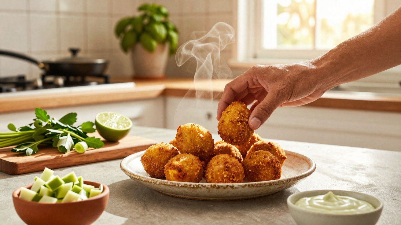 Prato com bolinhos crocantes a fumegar, mão a pegar um, numa cozinha iluminada, com ervas e molhos.