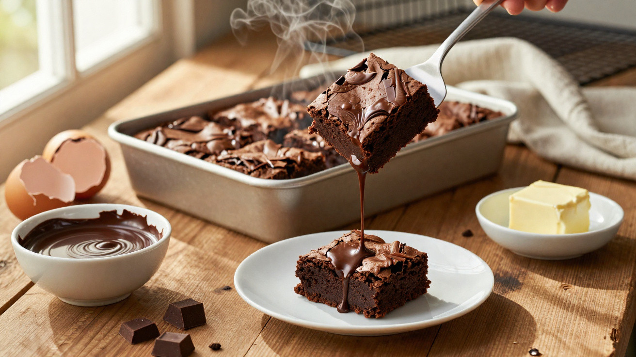 Quadrado de brownie fumegante com chocolate derretido a ser servido num prato branco, com ingredientes ao fundo.