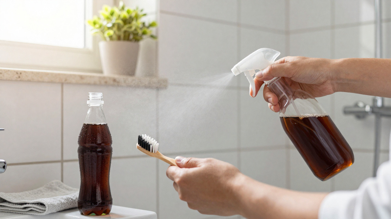 Pessoa a borrifar líquido castanho de um frasco spray para uma escova de dentes numa casa-de-banho.