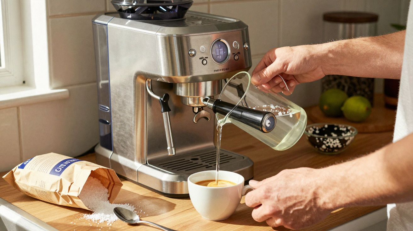 Pessoa a servir café numa máquina de café expresso numa cozinha com saco de sal grosso ao lado.