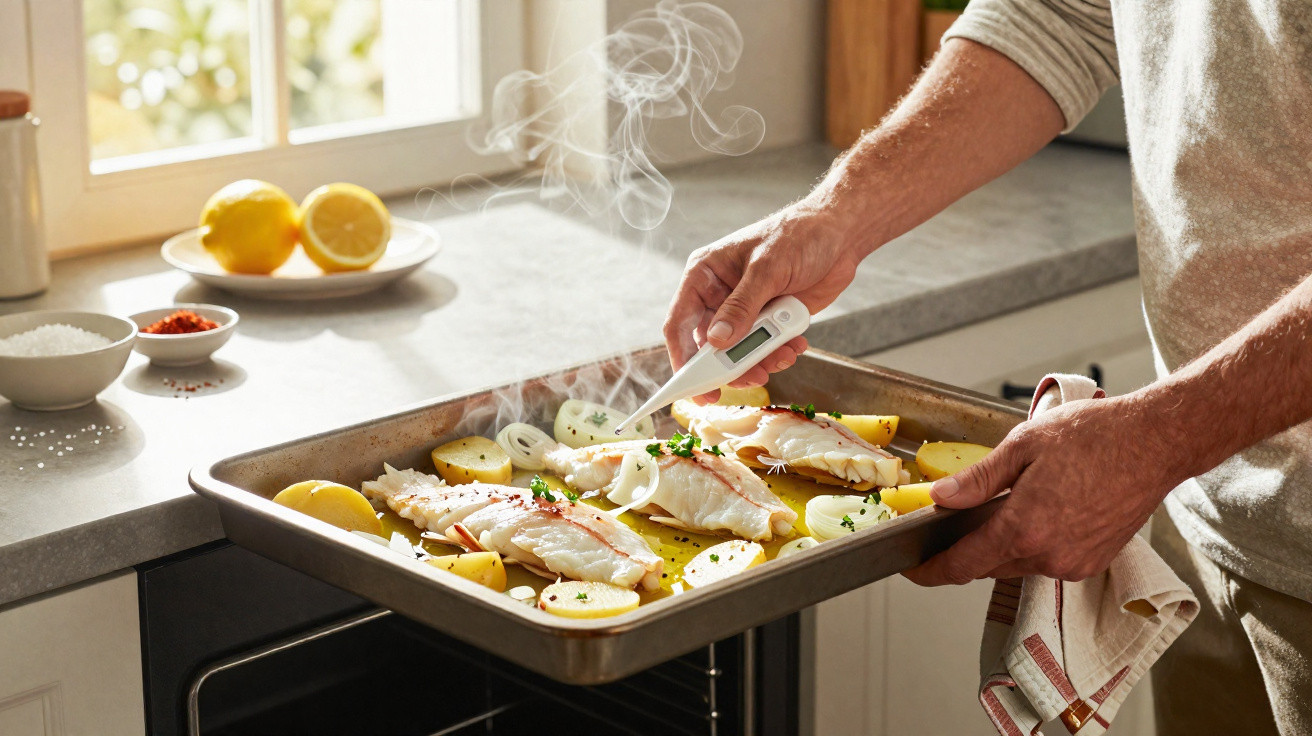 Mão a medir a temperatura de peixe fresco e legumes numa bandeja a sair do forno numa cozinha luminosa.