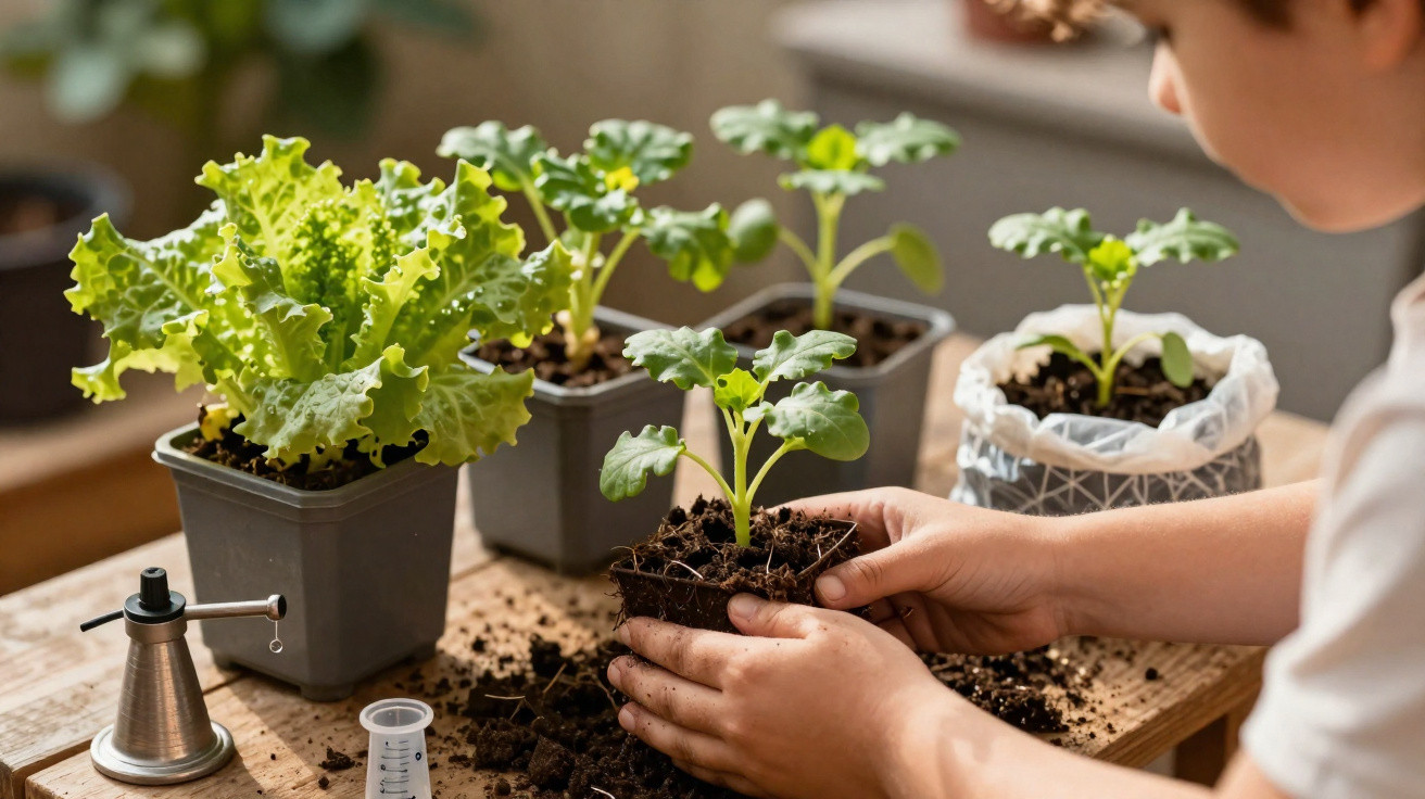 Criança a transplantar plantas jovens para vasos com terra numa mesa de madeira, numa atividade de jardinagem indoor.