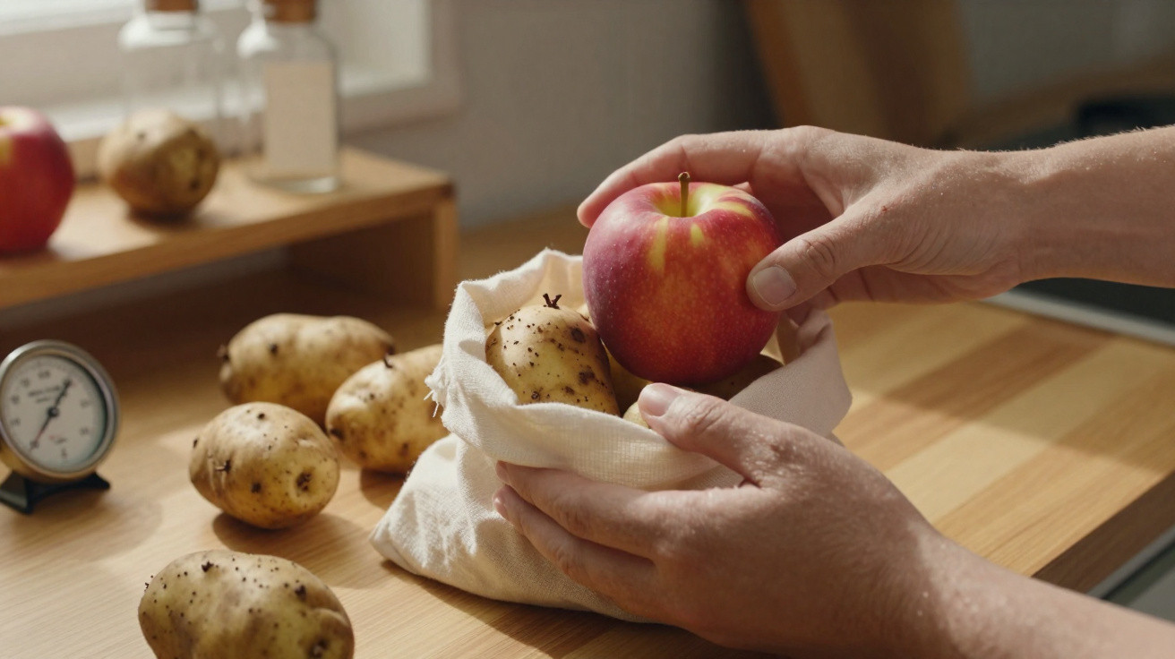 Mãos a colocar uma maçã vermelha numa sacola de tecido com batatas numa bancada de cozinha.