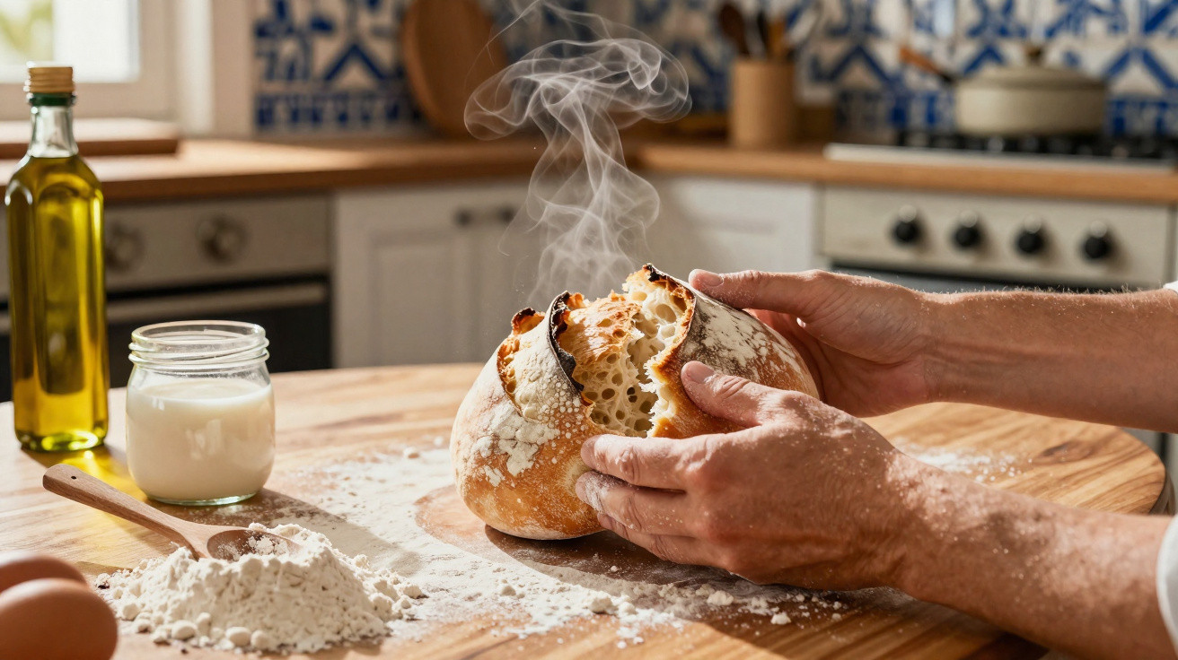 Mãos a partir pão quente com vapor numa cozinha rústica, com farinha, ovo e azeite na mesa.
