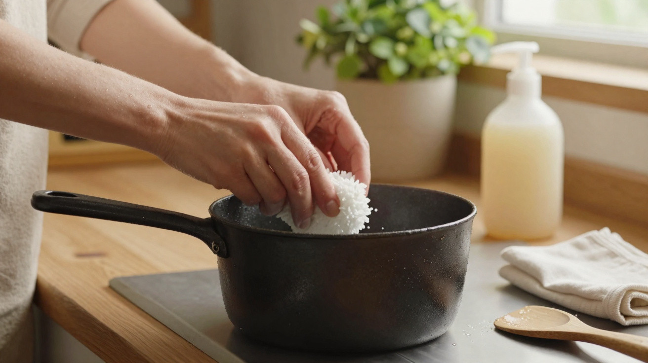 Mãos seguram esponja branca a limpar panela preta em cozinha com tábua de madeira e plantas.