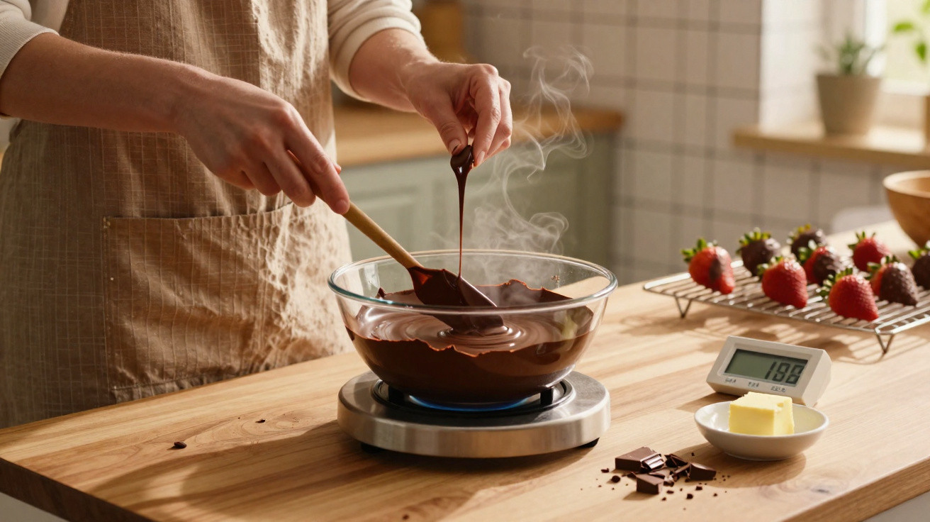 Pessoa a derreter chocolate numa taça de vidro em banho-maria numa cozinha com morangos cobertos de chocolate à vista.