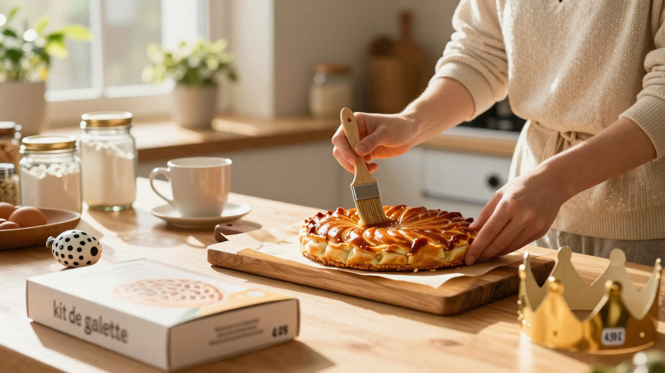 Pessoa a pincelar tarte doce com caramelo numa cozinha iluminada com utensílios de cozinha ao redor.
