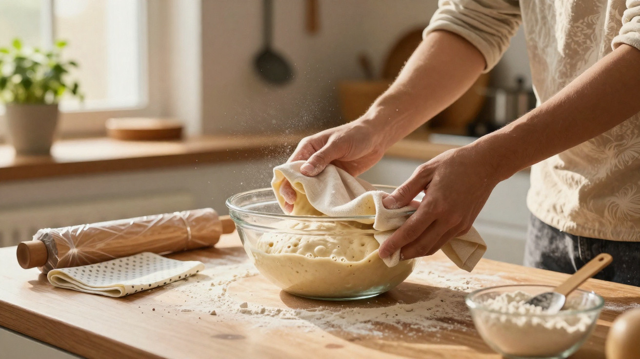 Mãos a cobrir massa de pão que cresce numa taça de vidro com um pano de cozinha numa bancada de madeira.