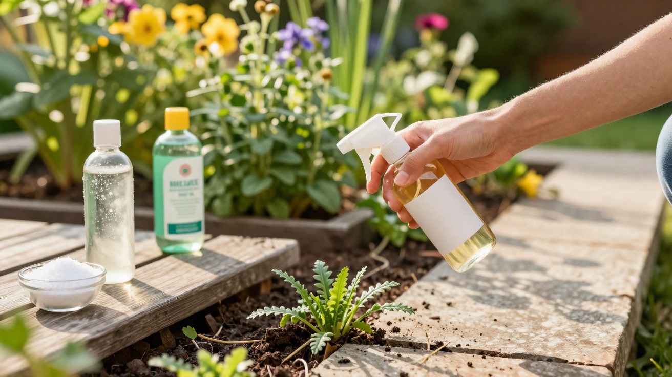Pessoa a pulverizar planta jovem num jardim com frascos de produtos naturais e flores ao fundo.