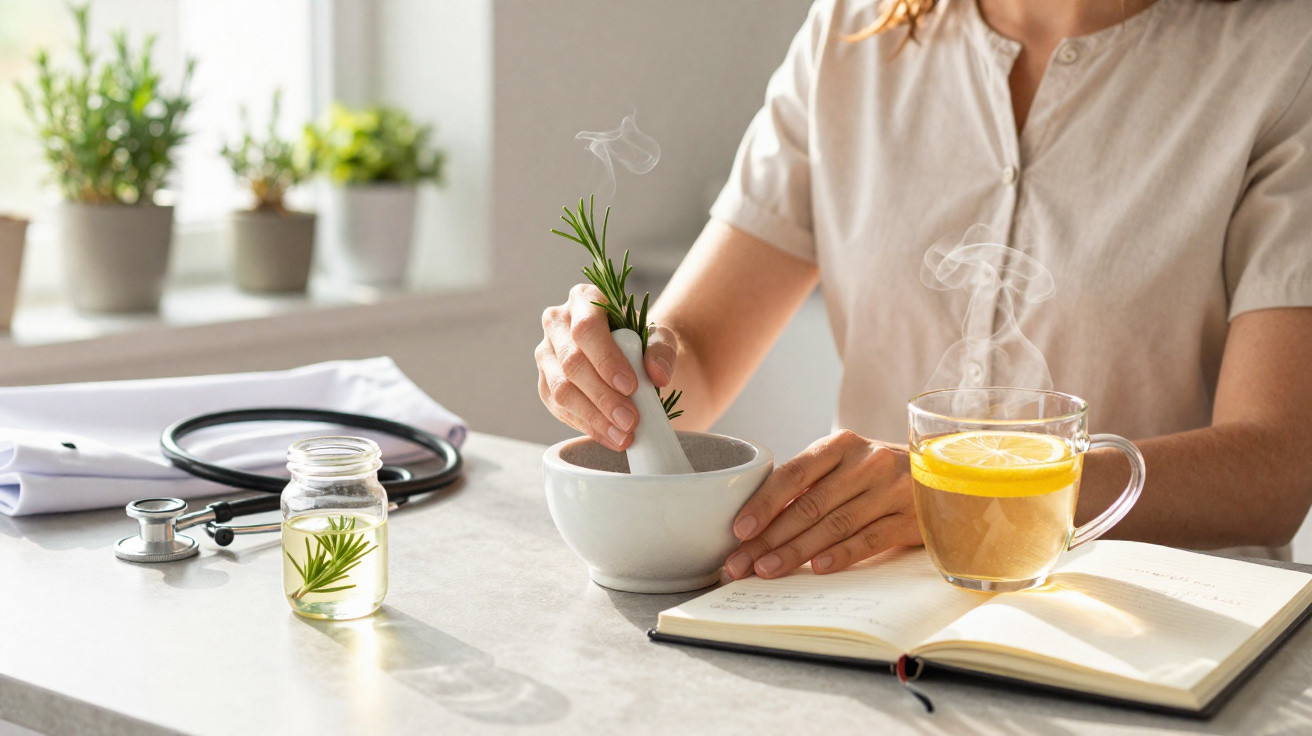 Pessoa a preparar remédio natural com ervas num almofariz junto a chá de limão e estetoscópio numa mesa.