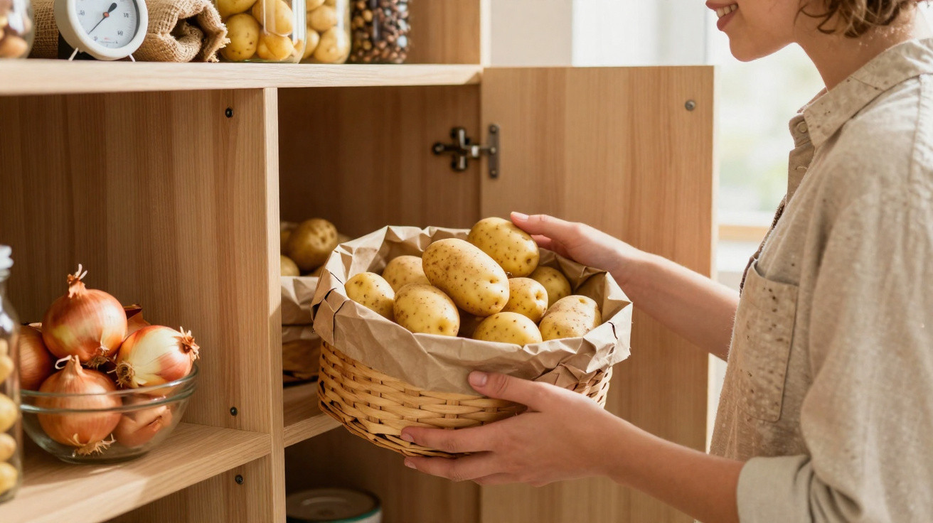 Pessoa a guardar batatas numa cesta de vime dentro de um armário de cozinha.