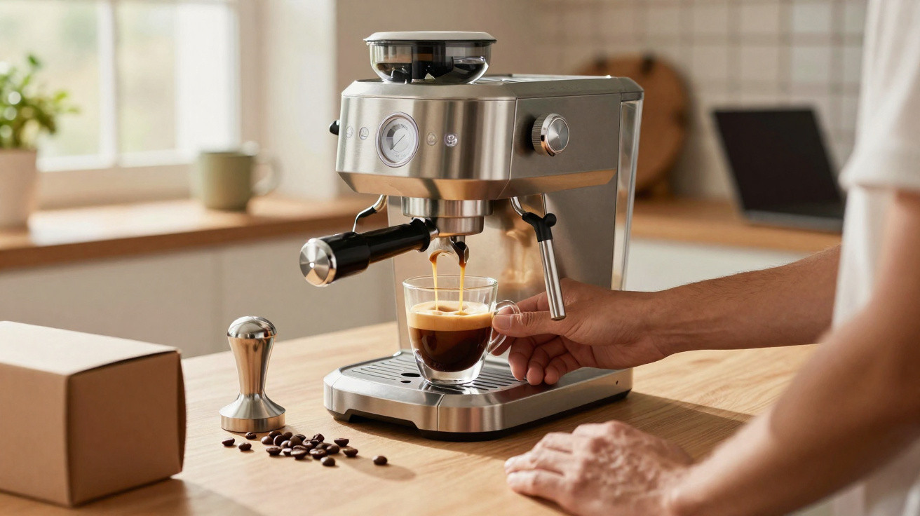 Pessoa a preparar café expresso numa máquina de café moderna em bancada de cozinha com grãos de café.