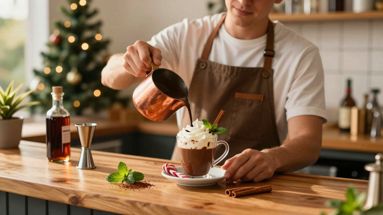 Barista a servir chocolate quente com chantilly e canela numa caneca transparente numa cozinha decorada para o Natal.