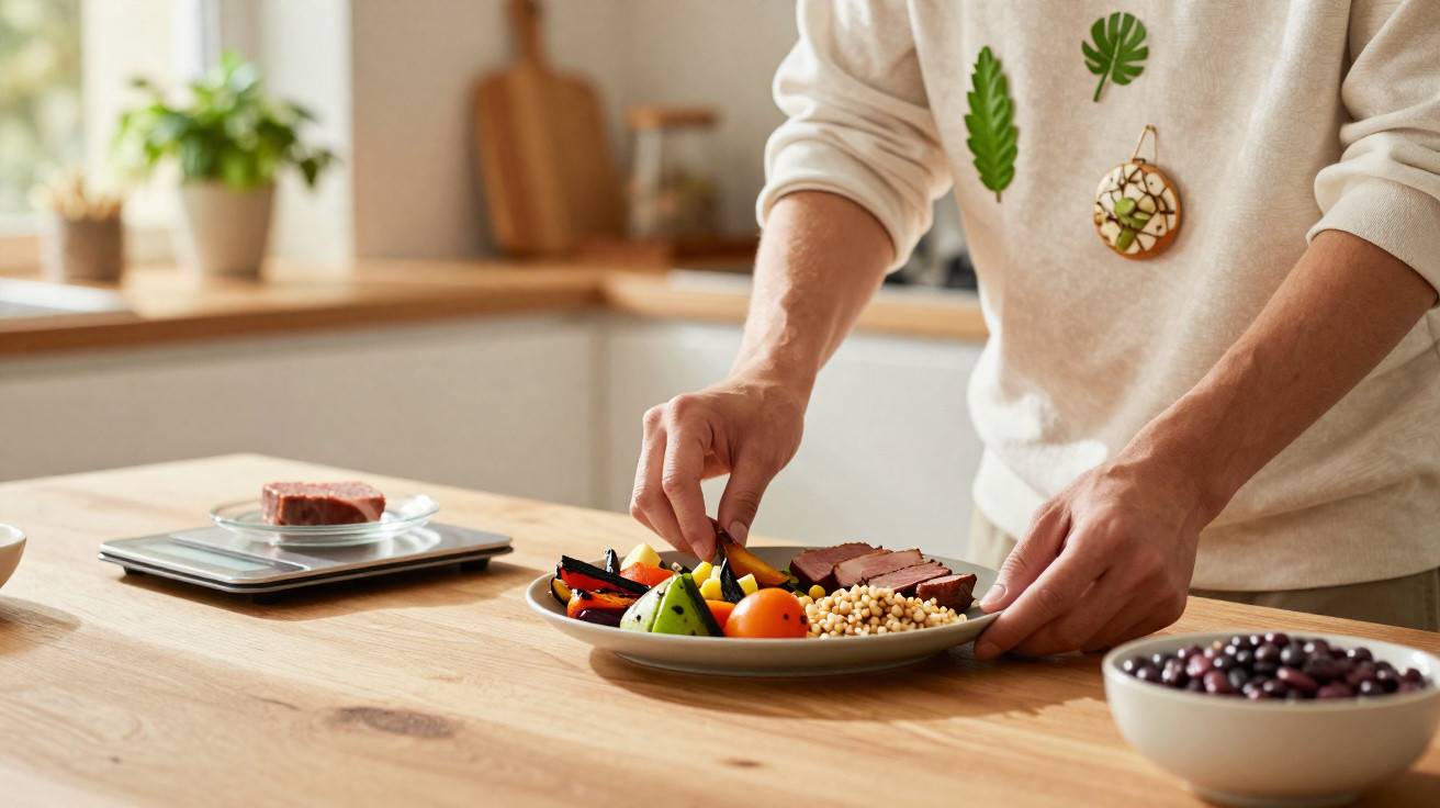 Pessoa a preparar prato com carne, legumes e cereais numa cozinha luminosa.