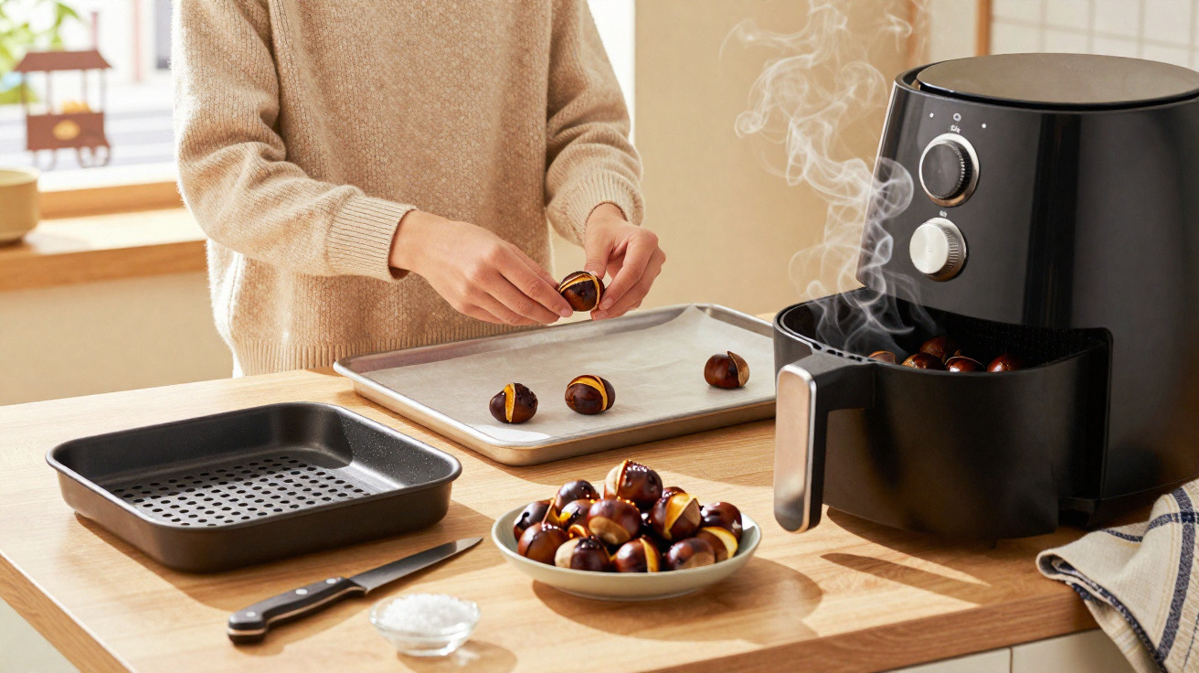 Pessoa a preparar castanhas numa air fryer numa cozinha com utensílios e bandeja de metal à volta.