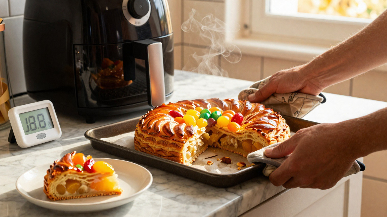Mãos a retirar do forno uma tarte de maçã decorada com frutas cristalizadas coloridas.