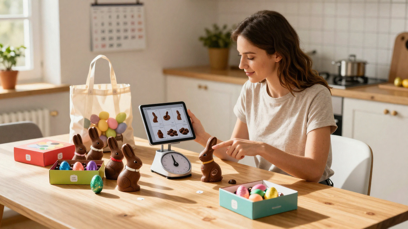 Mulher numa cozinha a pesar coelhos de chocolate com balança de cozinha e tablet.