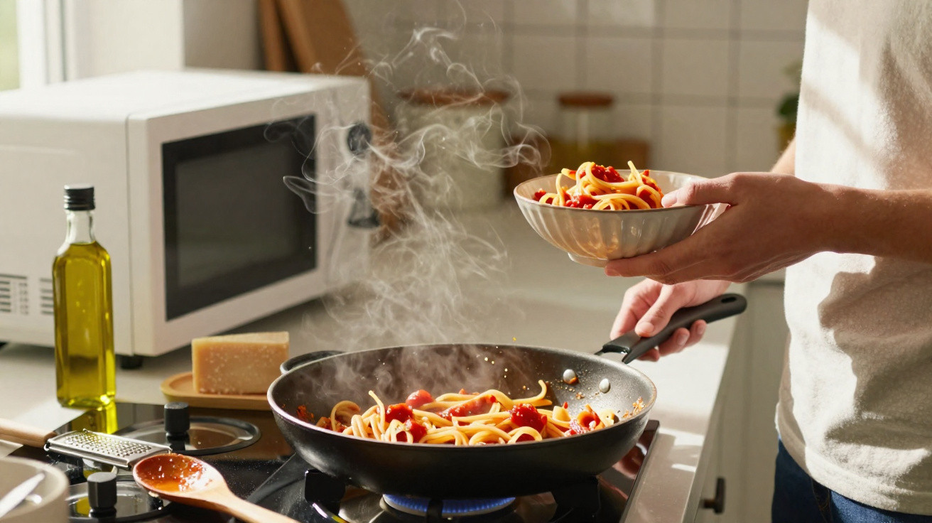 Pessoa a servir massa fumegante com molho de tomate numa frigideira numa cozinha moderna.