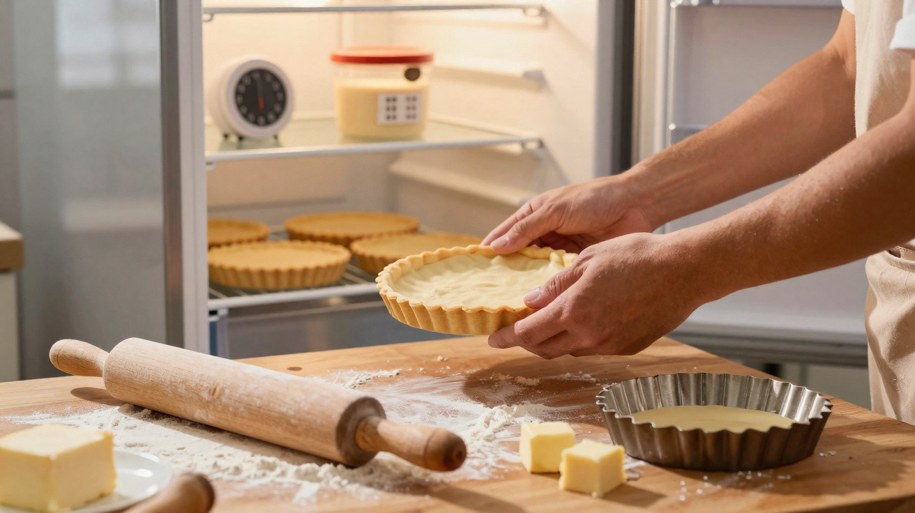 Pessoa a segurar uma tarteira com massa crua numa cozinha, com várias tartes e utensílios de pastelaria à vista.