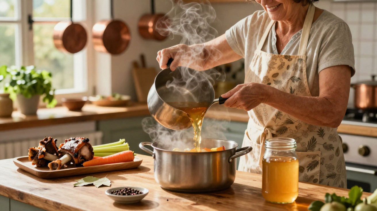 Pessoa a verter caldo quente numa panela com legumes numa cozinha acolhedora e luminosa.